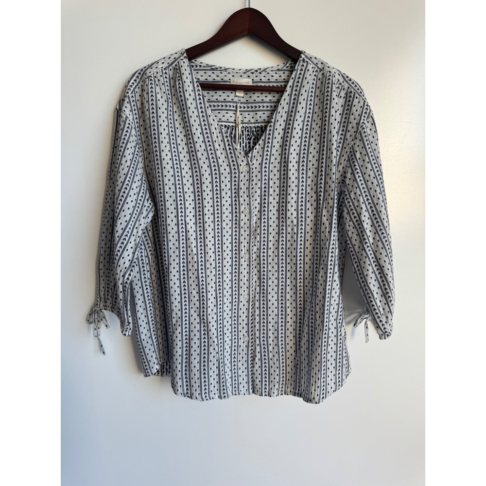 Garnet Hill Organic Cotton Blouse Navy White Geometric Print Tie Sleeve Top 8